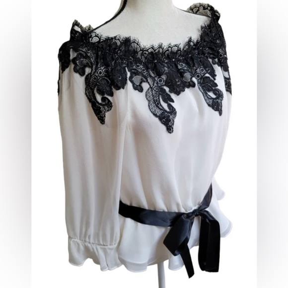 Victor Costa Ivory Silk Black Lace Off-Shoulder Elegant Peasant Blouse - Picture 3 of 10